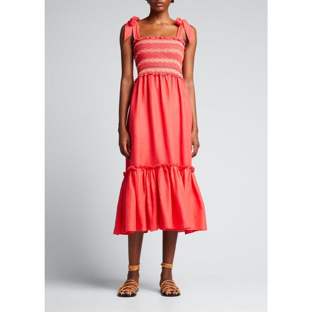 Cara Cara NYC Jenny Hibiscus Linen Smocked Tie Shoulder Midi Dress Size S